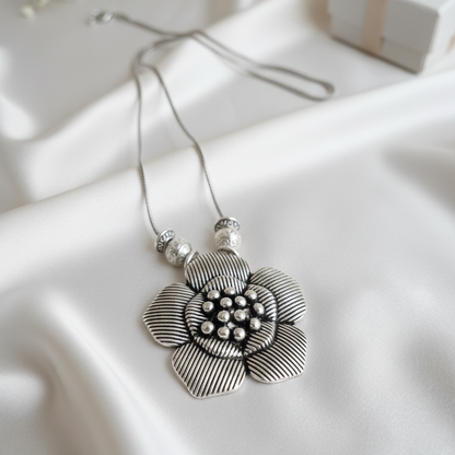 Oxidized Silver Bold Flower Necklace Set | Ribbed Petal & Jhumka Drops