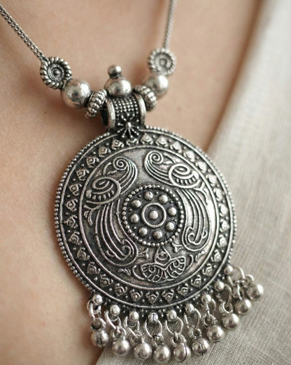 Oxidized Silver Mandala Necklace Set | Ghungroo Drop Jhumka Earrings