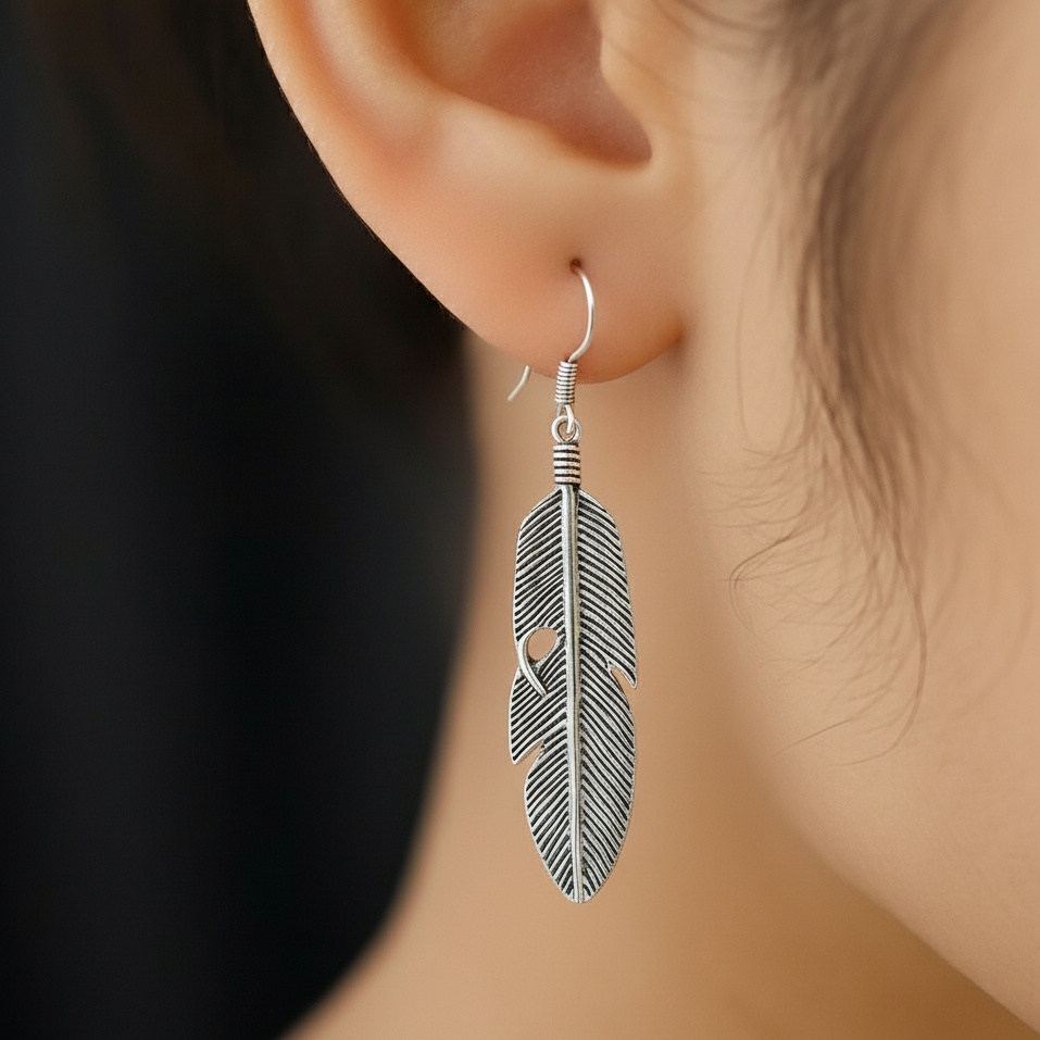 Oxidized Silver Feather Earrings | Long Boho Dangle Jewellry