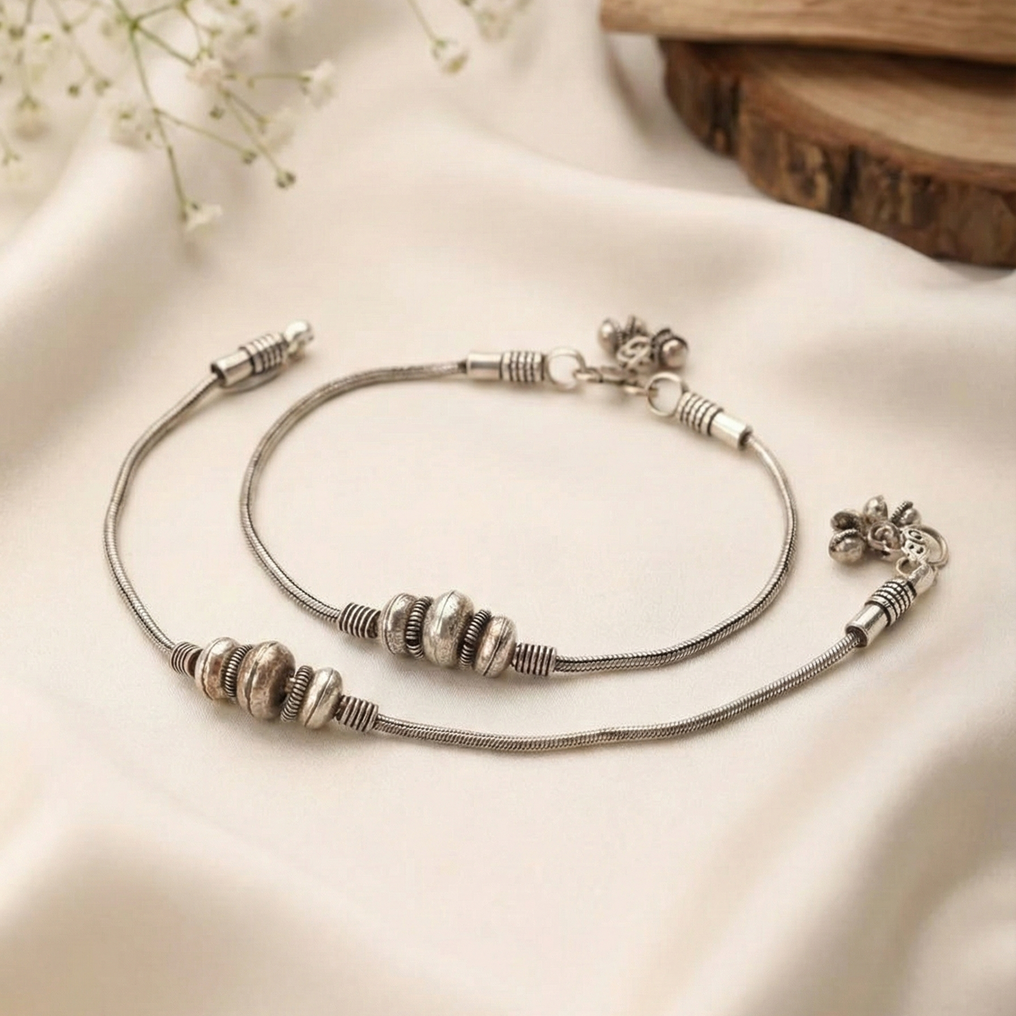 Oxidized Silver Chain Anklets Pair | Vintage Bead Payal Ghungroo Style