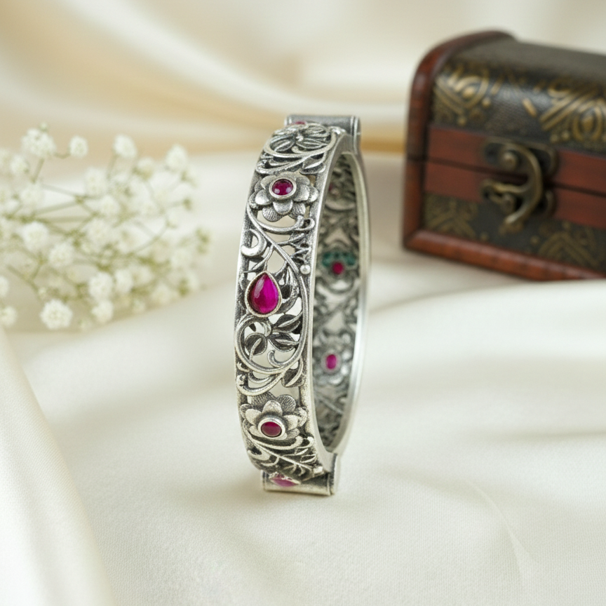 Oxidized Silver Finish Floral Filigree Bangle Bracelet with Ruby Pink Stone Accents