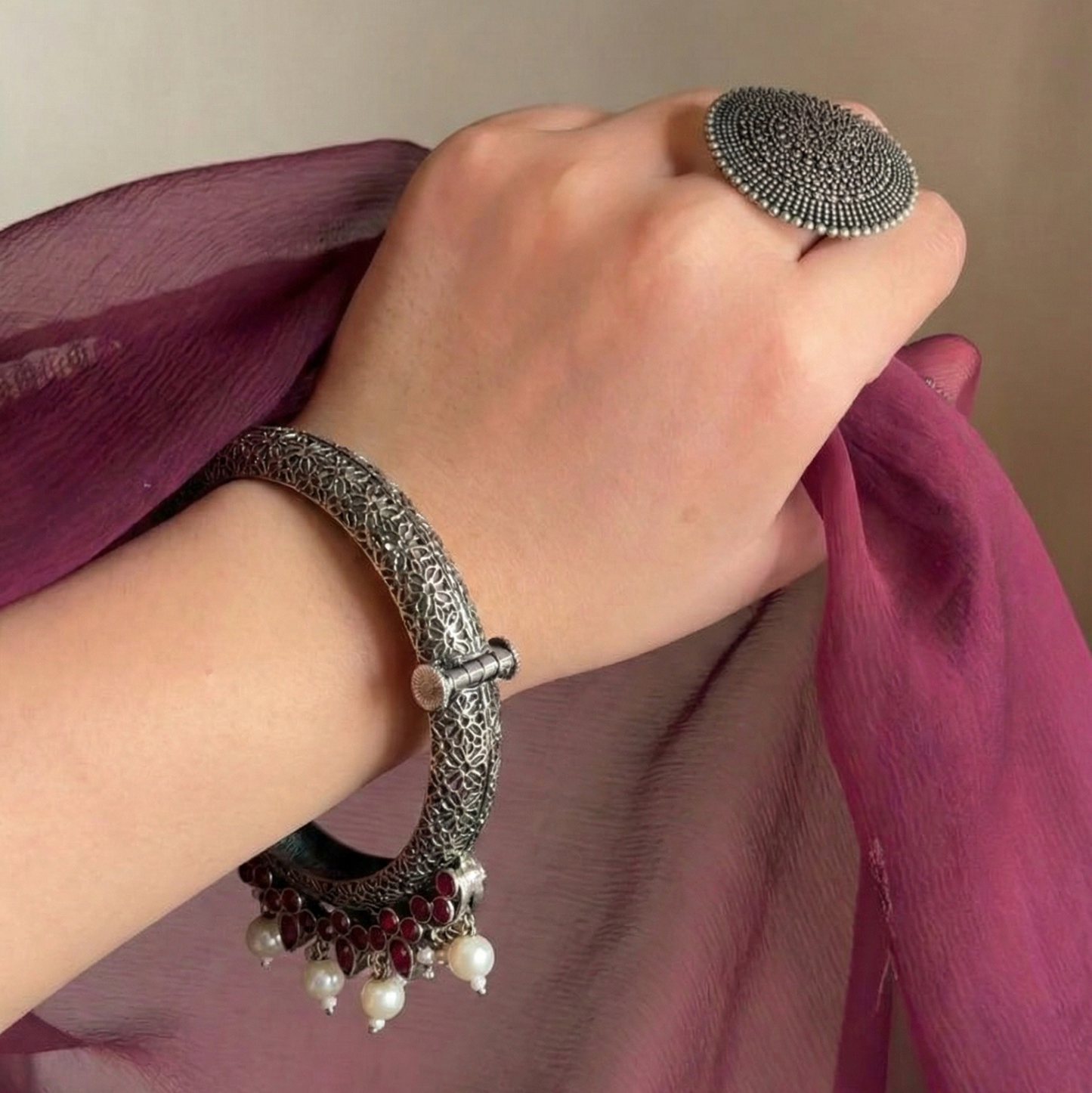 Oxidized Silver Tribal Bangle with Ruby-Red Stones & Pearl Droplets – Handcrafted Ethnic Kada