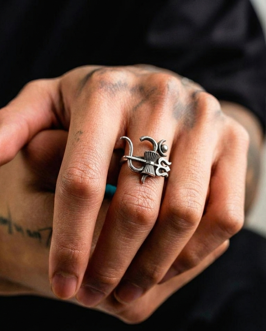 Divine Shiva Trishul & Damru Adjustable Ring – Oxidized Silver Spiritual Statement Jewelry