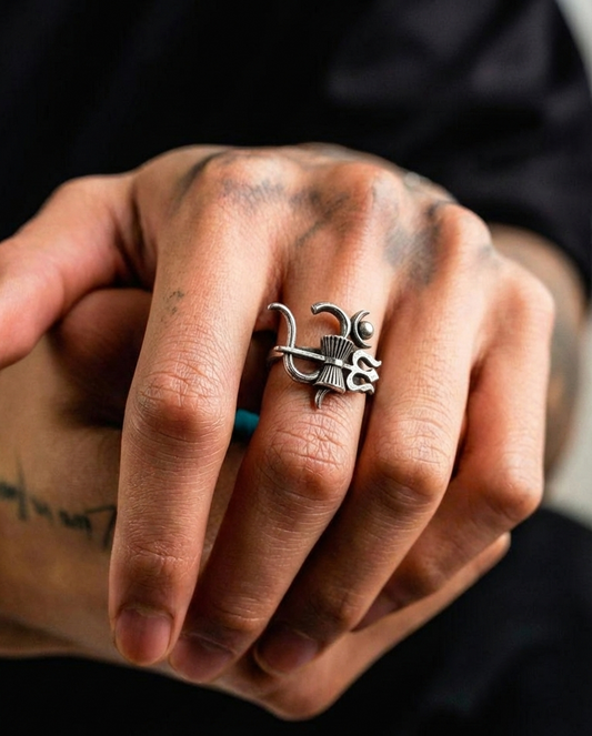 Divine Shiva Trishul & Damru Adjustable Ring – Oxidized Silver Spiritual Statement Jewelry