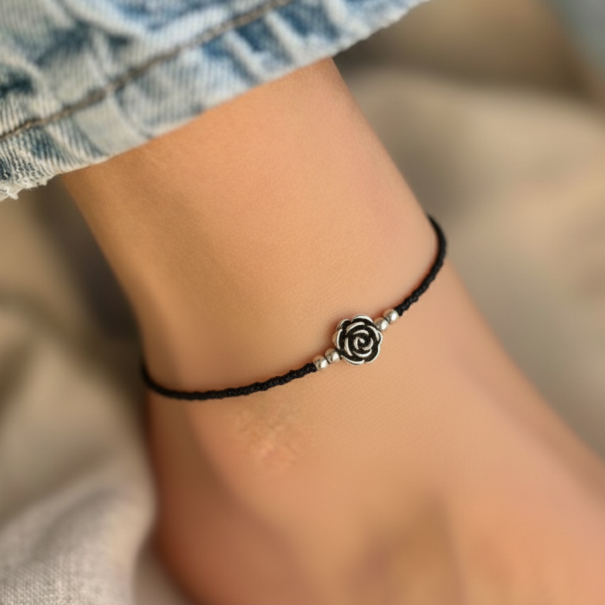 Handmade Black Beaded Rose Anklet - Adjustable