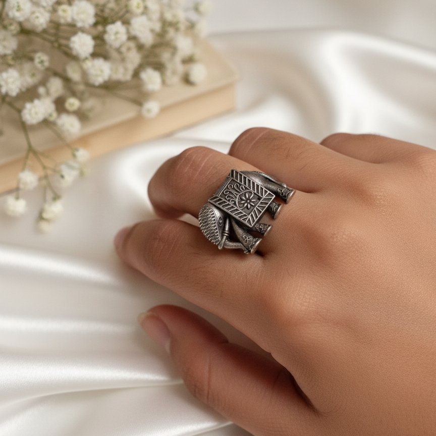 Statement Oxidized Silver Elephant Ring - Adjustable