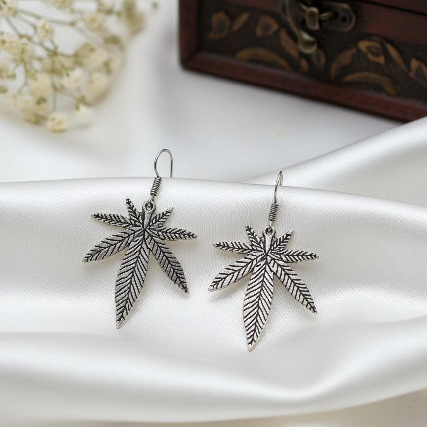 Statement Silver Maple/Pot Leaf Dangle Earrings