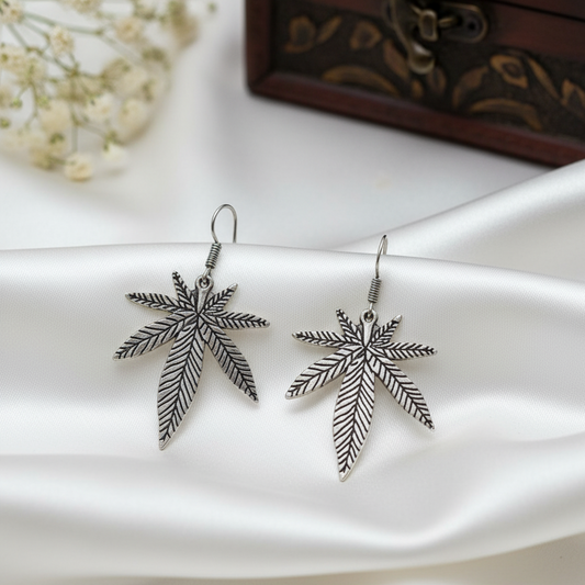 Statement Silver Maple/Pot Leaf Dangle Earrings