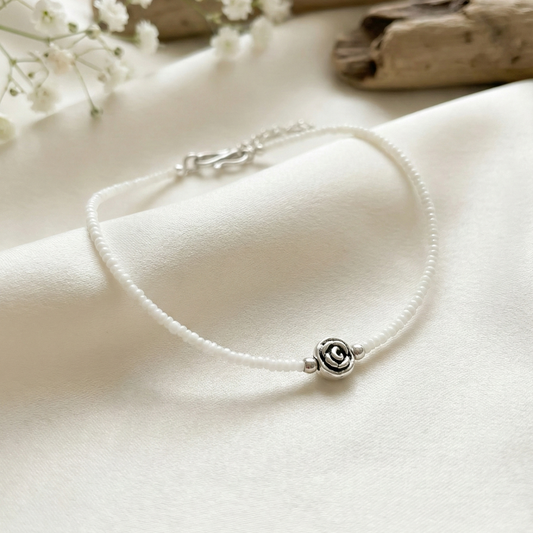 Ethnic Rose Charm Anklet | White Beads Silver Replica Best Traditional Jewellery