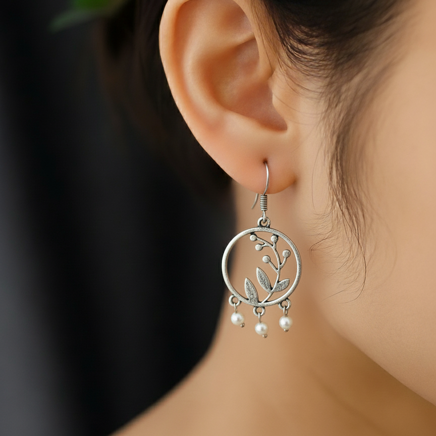 Silver Hoop Earrings with Vine & Leaf Motif - Bohemian Dangle Drop Earrings