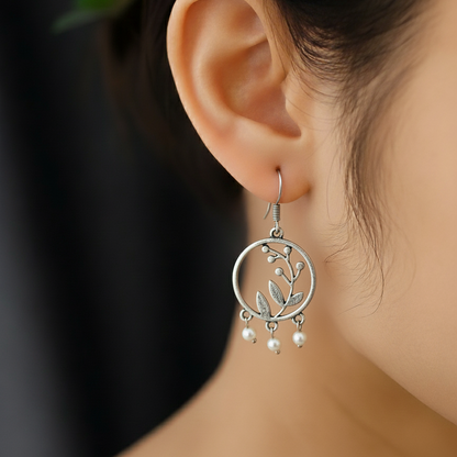 Silver Hoop Earrings with Vine & Leaf Motif - Bohemian Dangle Drop Earrings