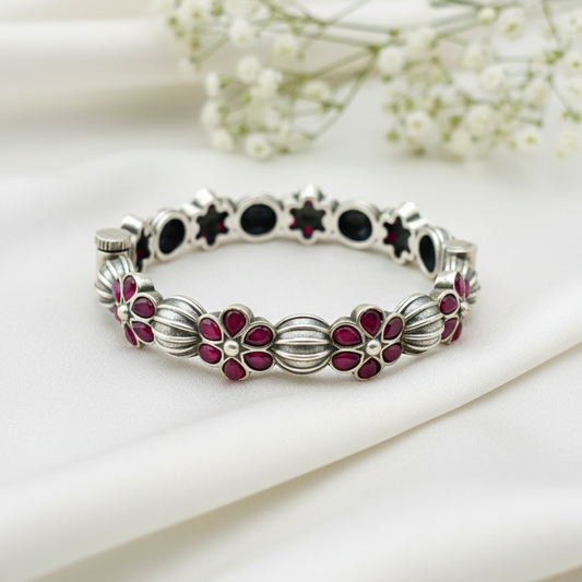 Antique Ruby Flower & Ribbed Silver Statement Kada