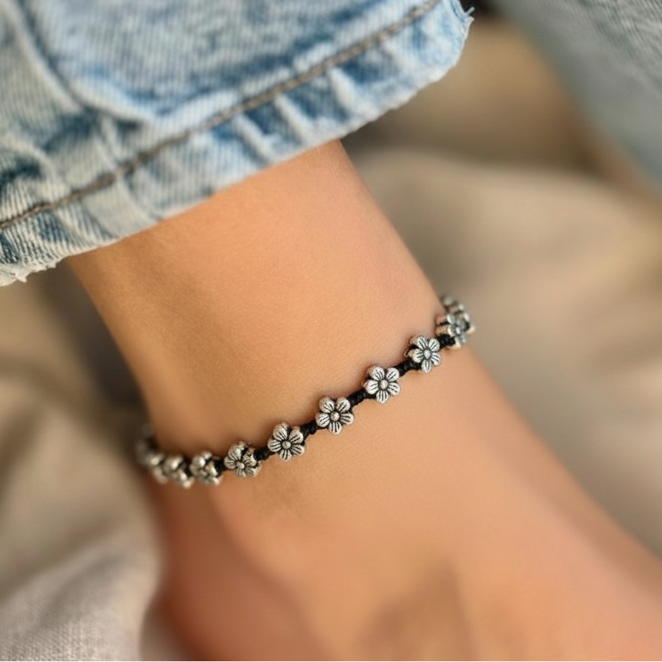 Oxidised Daisy Flower Anklets | Affordable Black Beads Payal for Girls