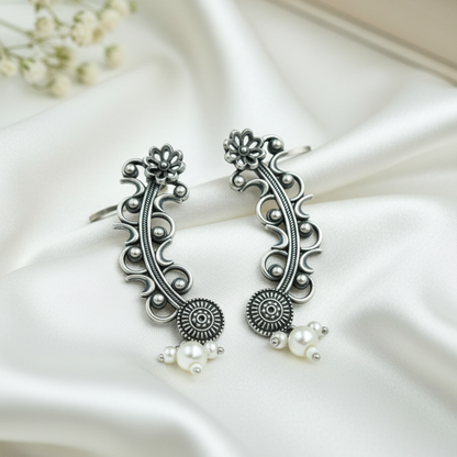 Oxidized Silver Floral Vine Ear Climber Earrings with Pearl Drop