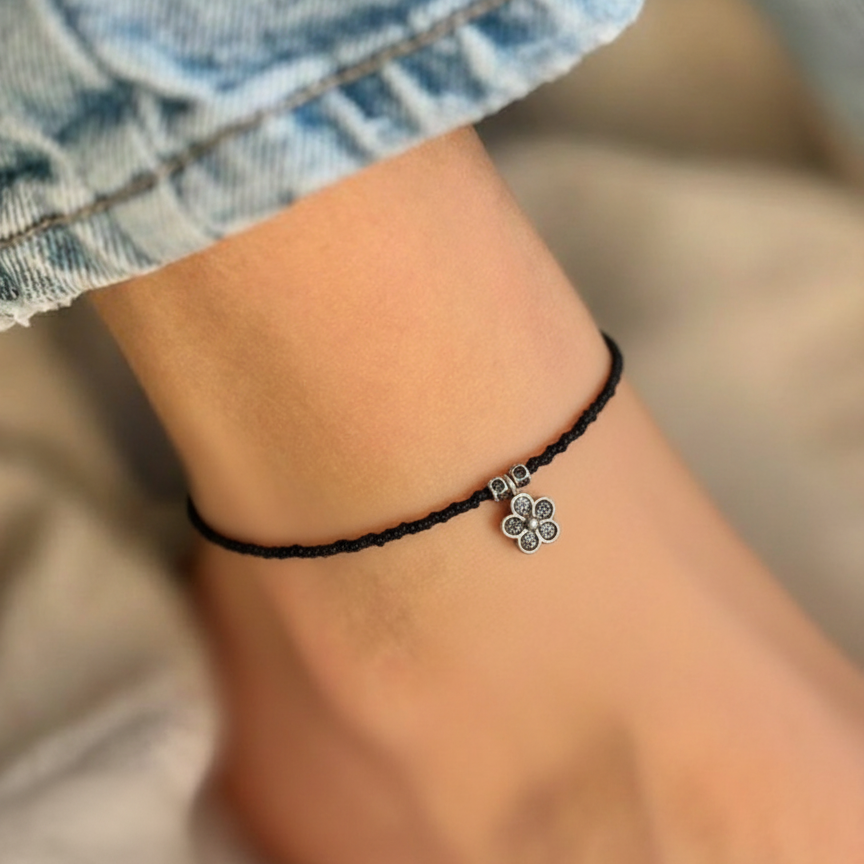 Handmade Black Cord Daisy Charm Anklet