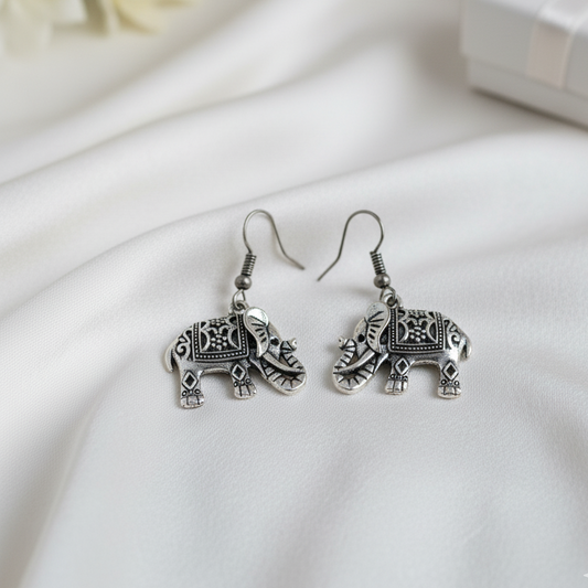 Good Luck Oxidized Silver Elephant Dangle Earrings | Detailed Indian Style Ethnic Drop Jewellry