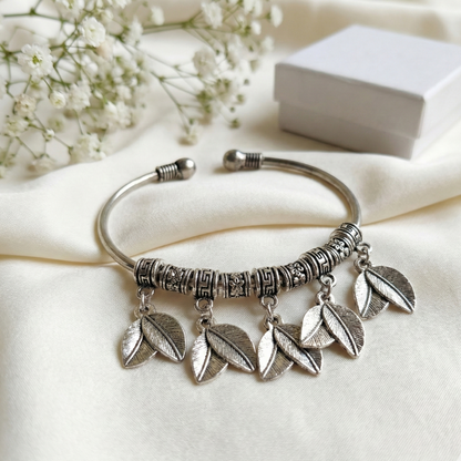 Oxidized Silver Leaf Charm Cuff Bracelet - Adjustable