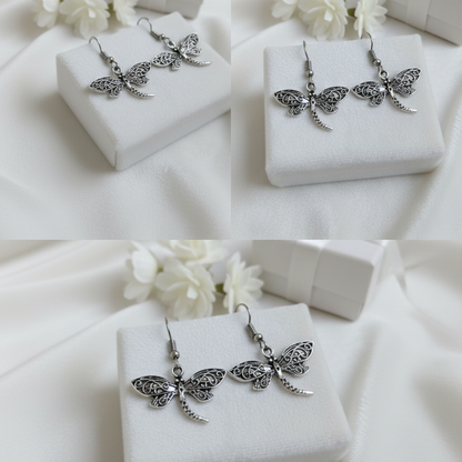 Oxidized Silver Dragonfly Drop Earrings | Boho Filigree Insect Jewelry