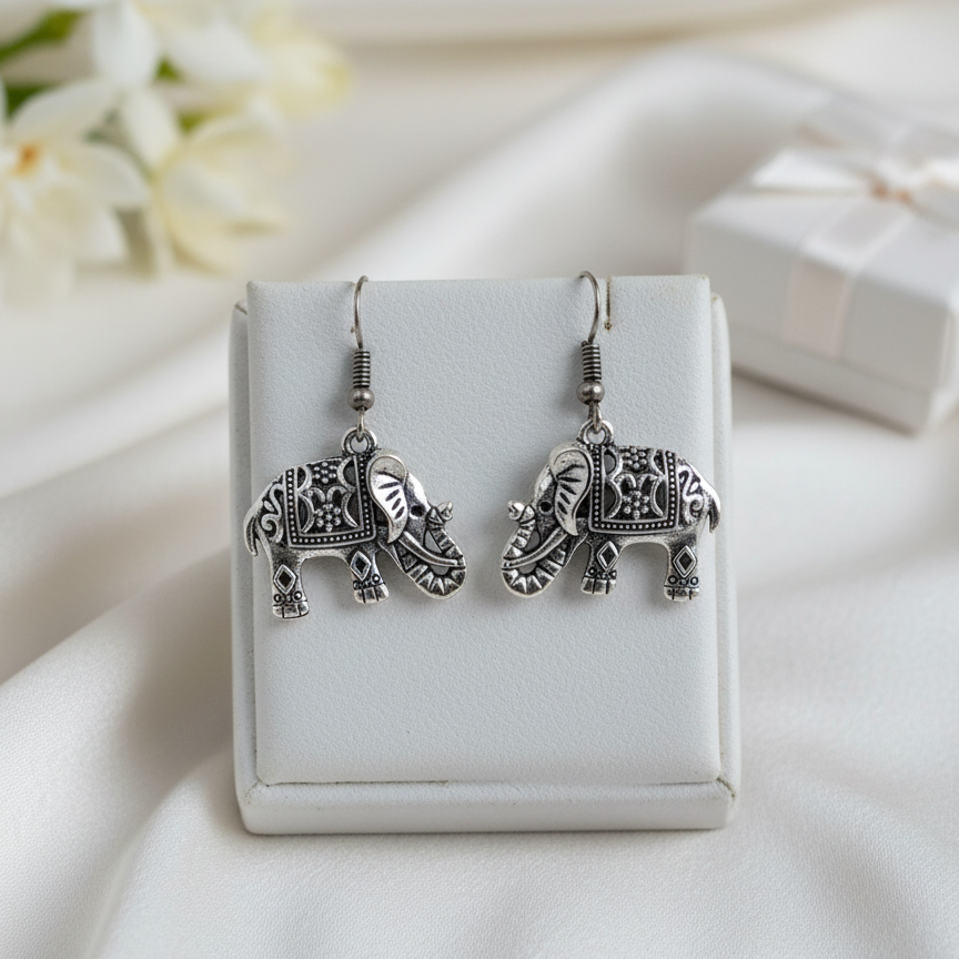 Good Luck Oxidized Silver Elephant Dangle Earrings | Detailed Indian Style Ethnic Drop Jewellry