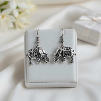 Good Luck Oxidized Silver Elephant Dangle Earrings | Detailed Indian Style Ethnic Drop Jewellry