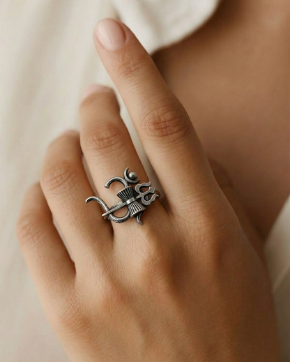 Divine Shiva Trishul & Damru Adjustable Ring – Oxidized Silver Spiritual Statement Jewelry