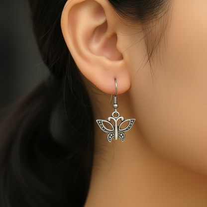 Vintage Oxidized Silver Butterfly Drop Earrings