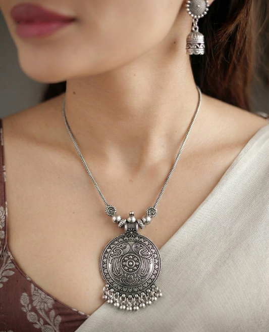 Oxidized Silver Mandala Necklace Set | Ghungroo Drop Jhumka Earrings
