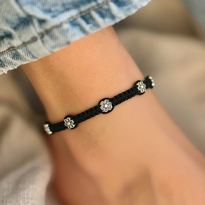 Bohemian Flower Bead Black Thread Anklets Pair - Adjustable