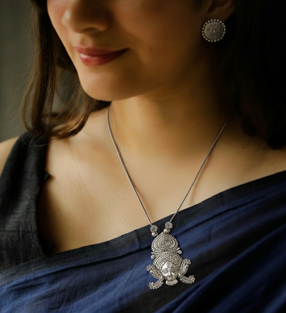 Divine Goddess Oxidized Silver Necklace Set | Durga Face Pendant & Earrings