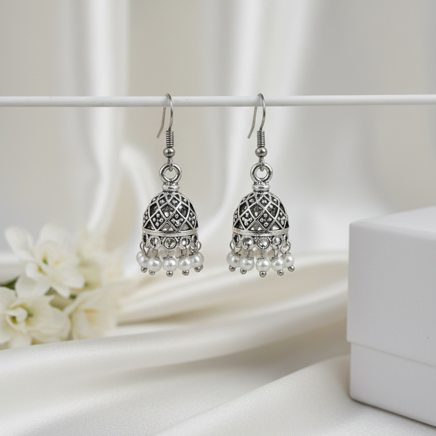 Classic Pearl Drop Jhumki Earrings | Antique Silver Finish Indian Ethnic Jewellry for Women
