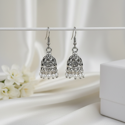 Classic Pearl Drop Jhumki Earrings | Antique Silver Finish Indian Ethnic Jewellry for Women