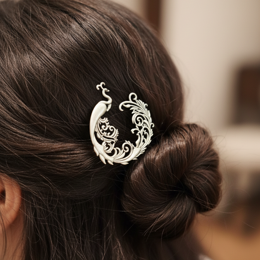 Oxidized Silver Peacock Hair Pin | Ethnic Bridal U-Shape Hair Stick