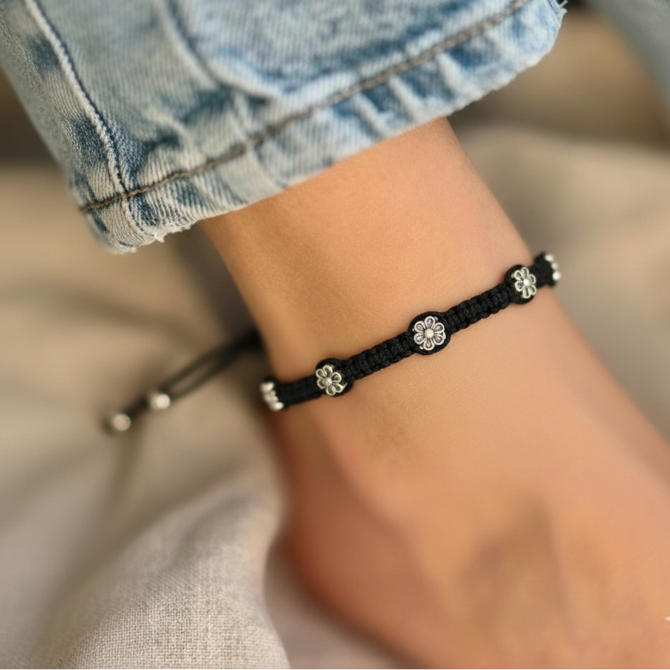 Bohemian Flower Bead Black Thread Anklets Pair - Adjustable