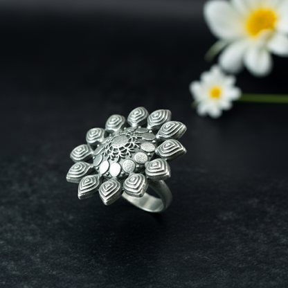 Adjustable Oxidized Silver Floral Statement Ring