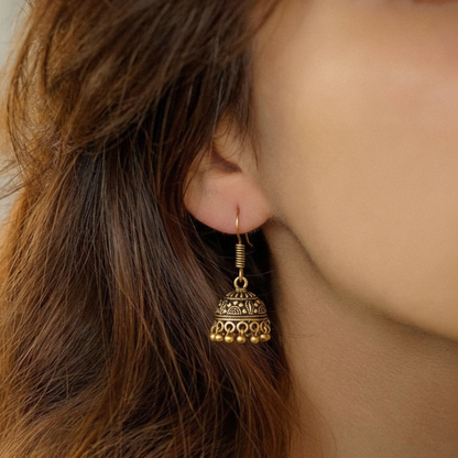 Antique Gold Toned Mini Jhumka Earrings - Traditional Indian Ethnic Dangler with Ghungroo Bells