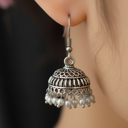 Classic Oxidised Silver Jhumka Earrings with Pearl Drop