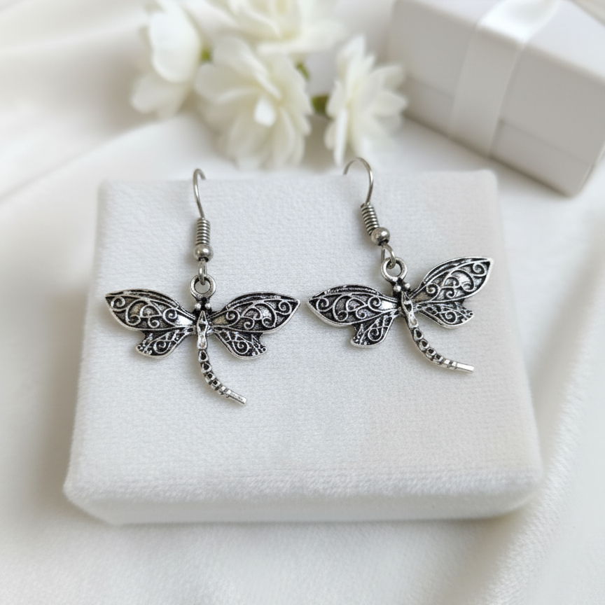 Oxidized Silver Dragonfly Drop Earrings | Boho Filigree Insect Jewelry