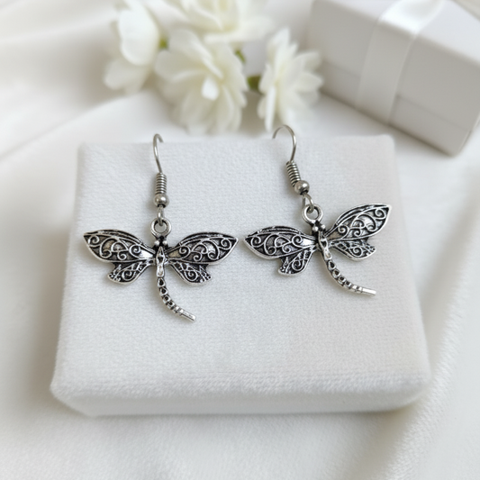 Oxidized Silver Dragonfly Drop Earrings | Boho Filigree Insect Jewelry
