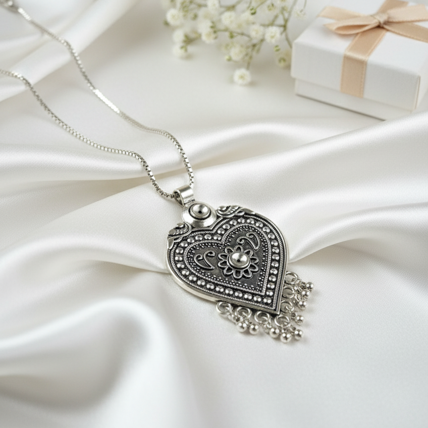 Oxidized Silver Heart Pendant Necklace | Intricate Tribal Dangle Charm