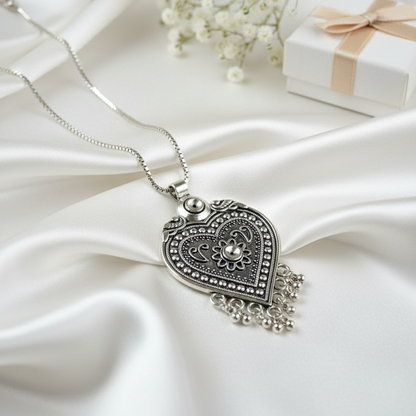 Oxidized Silver Heart Pendant Necklace | Intricate Tribal Dangle Charm