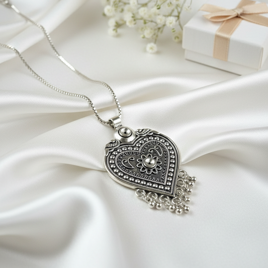 Oxidized Silver Heart Pendant Necklace | Intricate Tribal Dangle Charm