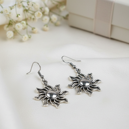 Oxidized Silver Sun Earrings | Bohemian Boho Celestial Dangle Drop Jewelry for Women & Girls