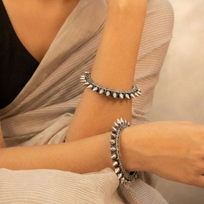 Oxidized Silver Spiked Adjustable Bangle | Punk Style Ethnic Kada