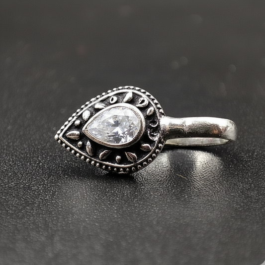 Elegant Teardrop Gem Clip-On Nose Pin | Oxidized Silver & Crystal Sparkle