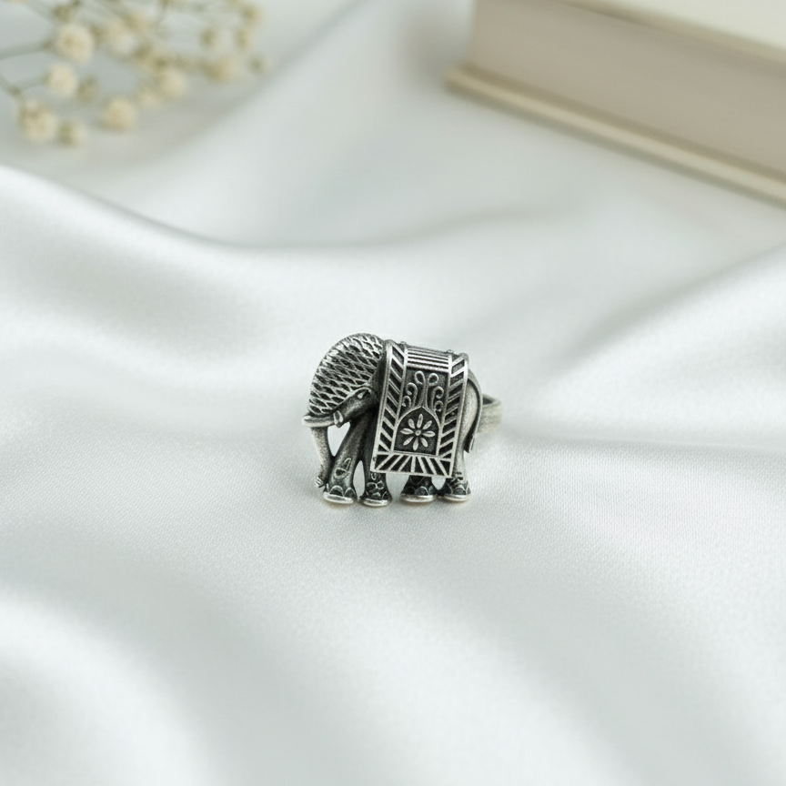 Statement Oxidized Silver Elephant Ring - Adjustable