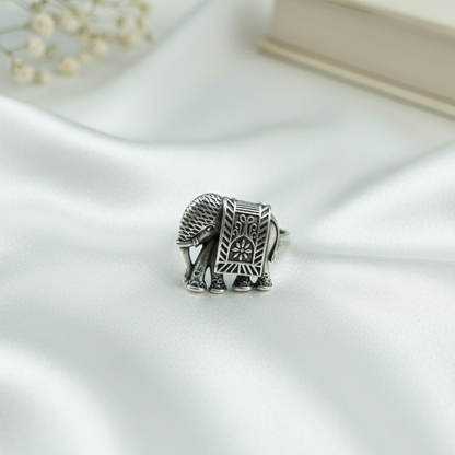 Statement Oxidized Silver Elephant Ring - Adjustable