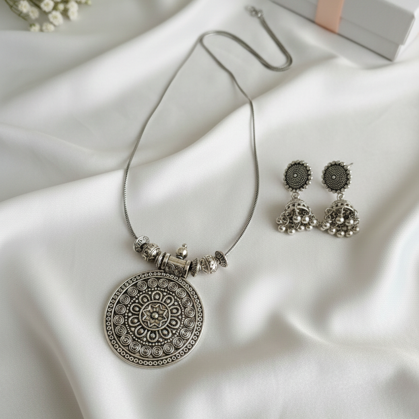 Oxidized Silver Mandala Pendant Necklace & Jhumka Earrings Set