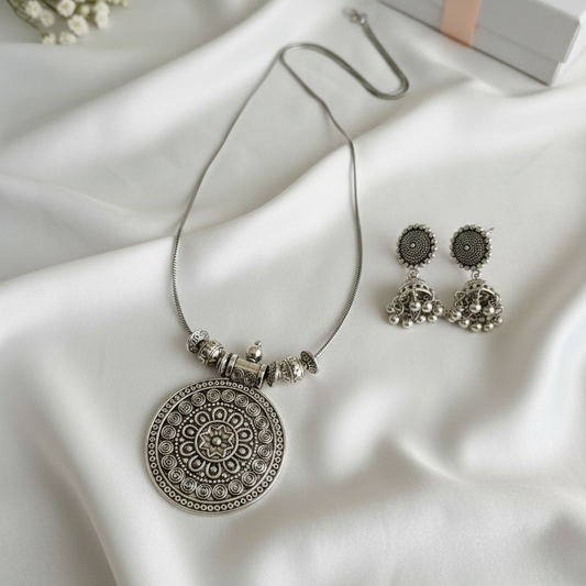 Oxidized Silver Mandala Pendant Necklace & Jhumka Earrings Set