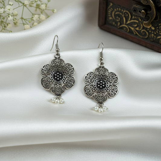 Intricate Oxidized Silver Filigree Flower Drop Earrings