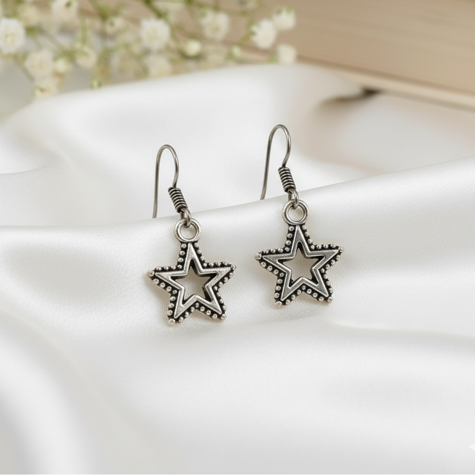 Oxidized Silver Star Dangle Earrings